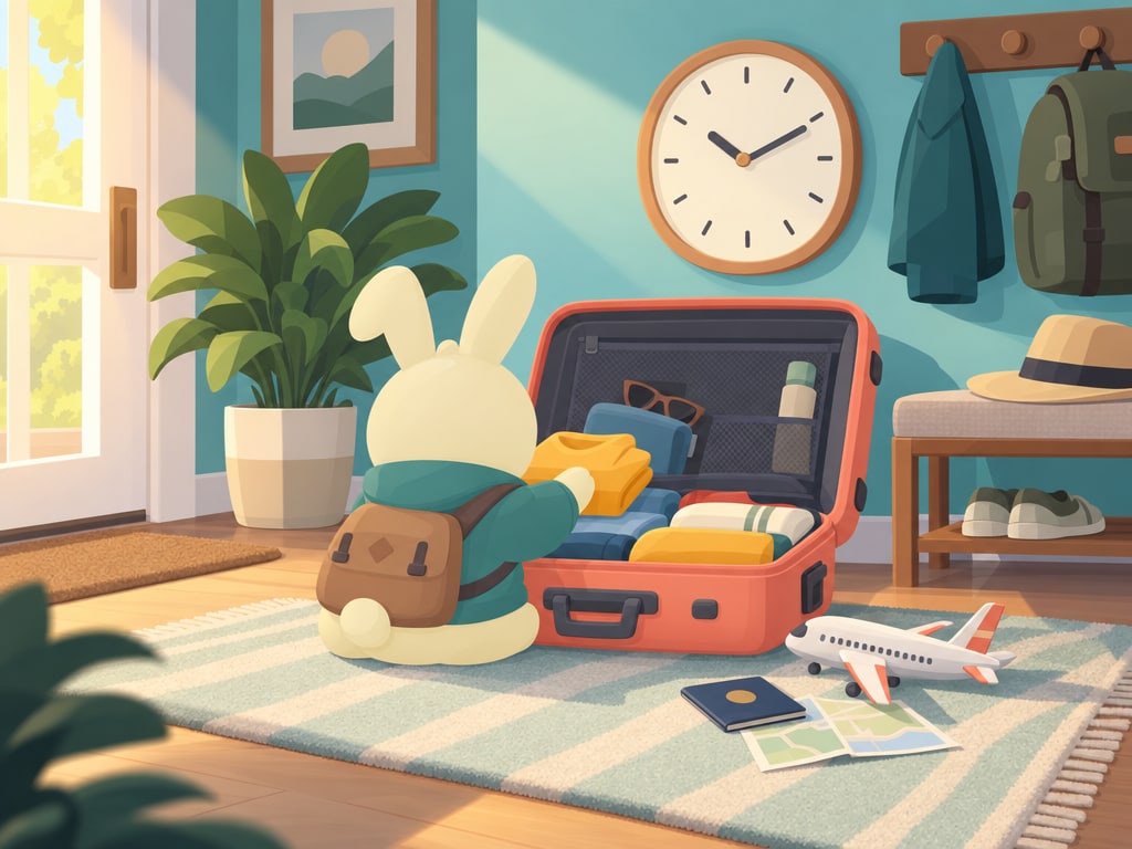 A bunny viewed from behind beside a packed suitcase, clock and model airplane