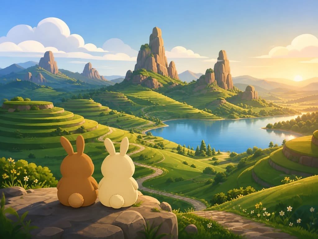 Bunnies viewed from behind exploring a scenic landscape